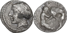 Greek Italy. Central and Southern Campania, Neapolis. AR Obol, c. 320-300 BC. Obv. Male head right, hair bound with taenia; behind, Y. Rev. [NEO]ΠOΛIT...