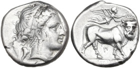 Greek Italy. Central and Southern Campania, Neapolis. AR Nomos, c. 300-280 BC. Obv. Head of female left; behind, cornucopiae; [before, letter]. Rev. M...