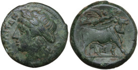 Greek Italy. Central and Southern Campania, Neapolis. AE 19.5 mm. c. 275-250 BC. Obv. NEOΠOΛITΩN. Laureate head of Apollo left; Θ behind. Rev. Man-hea...