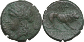 Greek Italy. Northern Apulia, Arpi. AE Obol, c. 325-275 BC. Obv. EIHMAN. Laureate head of Apollo left; behind, lyre. Rev. Lion advancing right; above,...