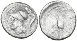 Greek Italy. Northern Apulia, Arpi. AR Obol, c. 215-212 BC. Obv. Head of Athena left, helmeted. Rev. ΑΡ-ΠΑ. Barley-ear. HN Italy 648. AR. 0.66 g. 11.0...