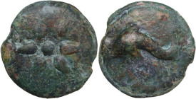 Greek Italy. Northern Apulia, Luceria. AE Cast Teruncius. Libral standard, c. 225-217 BC. Obv. Star of six rays on a raised disk. Rev. Dolphin left; b...