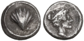 Greek Italy. Southern Apulia, Tarentum. AR Hemilitron, c. 470-450 BC. Obv. Cockle-shell. Rev. Head of Taras(?) right. HN Italy 841; Vlasto 1179. AR. 0...