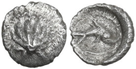 Greek Italy. Southern Apulia, Tarentum. AR Hemilitron, c. 325-280 BC. Obv. Scallop shell, dotted border. Rev. Dolphin right. HN Italy 980; Vlasto 1548...
