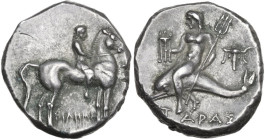 Greek Italy. Southern Apulia, Tarentum. AR Nomos, c. 273-240 BC. Obv. Youth on horse standing right; ΦI before, ΦIΛHME-NOΣ below. Rev. Taras astride d...