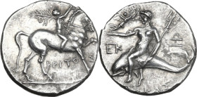 Greek Italy. Southern Apulia, Tarentum. AR Reduced Nomos – Half-Shekel. Punic occupation, c. 212-209 BC. Obv. Nude youth, crowning horse with laurel w...