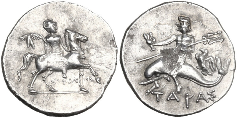 Greek Italy. Southern Apulia, Tarentum. AR Reduced Nomos – Half-Shekel. Punic oc...