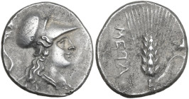 Greek Italy. Southern Lucania, Metapontum. AR Half Shekel – Drachm. Punic occupation, c. 215-207 BC. Obv. Head of Athena right, wearing crested Corint...