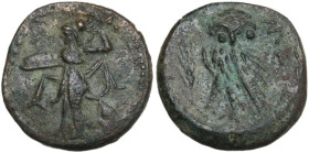 Greek Italy. Southern Lucania, Metapontum. AE 15 mm, c. 300-250 BC. Obv. Athena Alkidemos standing left, holding spear and shield. Rev. META. Owl stan...