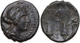Greek Italy. Southern Lucania, Metapontum. AE 17.5 mm, c. 225-200 BC. Obv. Head of Demeter right, wearing wreath of barley ears. Rev. META. Two ears o...