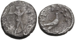 Greek Italy. Southern Lucania, Sybaris. AR Triobol, c. 453-448 BC. Obv. ΣΥΒ. Poseidon advancing right. brandishing trident. Rev. Bird standing right w...