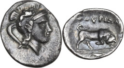 Greek Italy. Southern Lucania, Thurium. AR Triobol, c. 400-350 BC. Obv. Head of Athena right, wearing helmet decorated with hippocamp. Rev. Bull butti...