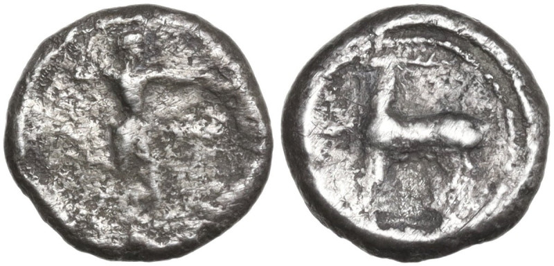 Greek Italy. Bruttium, Kaulonia. AR Triobol, c. 475-425 BC. Obv. Nude Apollo wal...