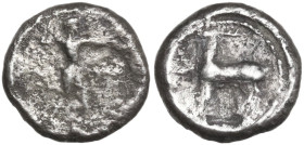Greek Italy. Bruttium, Kaulonia. AR Triobol, c. 475-425 BC. Obv. Nude Apollo walking right; to right, stag standing right with head reverted. Rev. Sta...