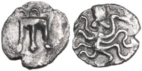 Greek Italy. Bruttium, Kroton. AR Triobol, c. 525-425 BC. Obv. Tripod. Rev. Octopus. HN Italy 2128; SNG ANS 330-331. AR. 0.30 g. 9.00 mm. VF.