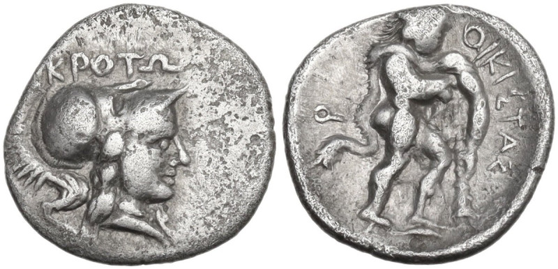 Greek Italy. Bruttium, Kroton. AR Triobol, c. 300-250 BC. Obv. ΚΡΟΤΩ. Head of At...