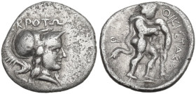 Greek Italy. Bruttium, Kroton. AR Triobol, c. 300-250 BC. Obv. ΚΡΟΤΩ. Head of Athena right, wearing crested Corinthian helmet and necklace. Rev. Herak...
