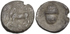 Greek Italy. Bruttium, Laus. AR Triobol, c. 480-460 BC. Obv. ΛΑΣ. Man-headed bull standing left, head right. Rev. ΛΑΣ. Acorn. HN Italy 2278; Sternberg...