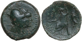 Greek Italy. Bruttium, Locri Epizephyrii. AE20 mm, c. 200 BC. Obv. Jugate busts of the Dioskouroi right. Rev. Zeus seated left, holding phiale and sce...