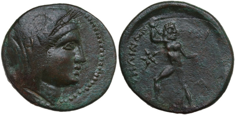 Greek Italy. Bruttium, Petelia. AE 23.5 mm, late 3rd century BC. Obv. Veiled and...