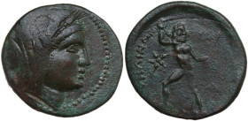 Greek Italy. Bruttium, Petelia. AE 23.5 mm, late 3rd century BC. Obv. Veiled and wreathed head of Demeter right. Rev. [ΠΕΤ]ΗΛΙNΩΝ Zeus, nude, standing...