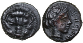 Greek Italy. Bruttium, Rhegion. AE 12.5 mm, c. 415-387 BC. Obv. Facin lion mask. Rev. PHΓINO[N]. Laureate head of Apollo right. HN Italy 2524; SNG ANS...