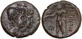 Greek Italy. Bruttium, Rhegion. AE Tetrachalkon, c. 211-201 BC. Second Punic War. Obv. Jugate heads of the Dioskouroi right, wearing piloi and laurel ...