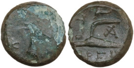 Greek Italy. Bruttium(?), Breig. AE 13 mm (Dichalkon ?), c. 340-320 BC. Obv. Head of a stag to right; K-A flanking. Rev. [B]ΡΕΙ[Γ]. Plow; to right, mo...