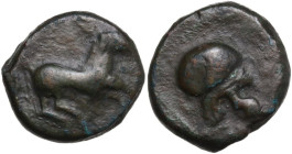 Sicily. Entella. AE 17 mm, c. 343-339 BC. Obv. Horse galloping right. Rev. Campanian helmet right. HGC 2 253; CNS I 14. AE. 6.19 g. 18.00 mm. RR. Gree...