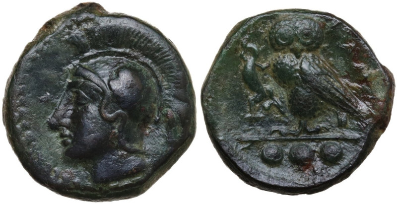 Sicily. Kamarina. AE Tetras or Trionkion, c. 410-405 BC. Obv. Head of Athena lef...