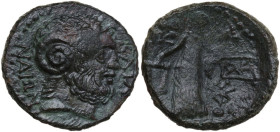 Sicily. Katane. AE 21.5 mm, c. 186-170 BC. Obv. ΚΑΤΑ-ΝΑΙΩΝ. Laureate head of Zeus-Ammon right. Rev. Dikaiosyne standing left, holding scales and cornu...
