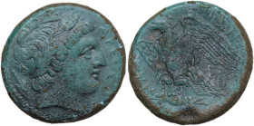 Sicily. Messana. The Mamertinoi. AE Double Unit, c. 288-278 BC. Obv. ΑΡΕΟΣ. Laureate head of Ares right; spear head behind. Rev. ΜΑΜΕΡΤΙΝΩΝ. Eagle sta...