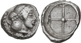 Sicily. Syracuse. Hieron I (478-466 BC). AR Obol, 475-470 BC. Obv. Diademed head of Arethusa right. Rev. Wheel with four spokes. HGC 2 1371; SNG Cop. ...