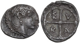 Sicily. Syracuse. Hieron I (478-466 BC). AR Obol, c. 470-466 BC. Obv. Head of Arethousa right, wearing olive wreath. Rev. Wheel of four spokes; ethnic...