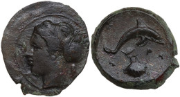 Sicily. Syracuse. Second Democracy (466-405 BC). AE Hemilitron, c. 415-405 BC. Obv. Head of Arethusa left, wearing sphendone and earring; behind, two ...