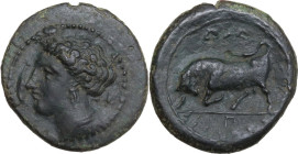 Sicily. Syracuse. Agathokles (317-289 BC). AE 18 mm, c. 317-310 BC. Obv. Head of Arethousa left; to left, dolphin; to right, ear of corn. Rev. Bull ch...