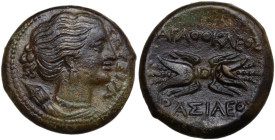 Sicily. Syracuse. Agathokles (317-289 BC). AE Litra, c. 295 BC. Obv. ΣΩTEIPA. Head of Artemis Soteira right, quiver over shoulder. Rev. AΓAΘOKΛEOΣ / B...