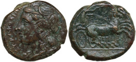 Sicily. Syracuse. Hiketas II (287-278 BC). AE Hemilitron. Obv. ΣΥΡΑΚΟΣΙΩΝ. Head of Kore-Persephone left, crowned with ears of corn; behind, ear of cor...