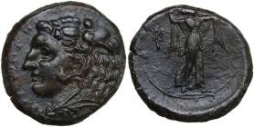 Sicily. Syracuse. Pyrrhos (278-276 BC). AE 23.5 mm. Obv. Head of Herakles left, wearing lion-skin; [club to right]. Rev. Athena Promachos advancing ri...