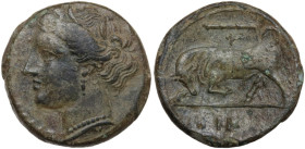 Sicily. Syracuse. Hieron II (275-215 BC). AE 19 mm, c. 275-269 BC. Obv. [ΣYPAKOΣIΩN]. Head of Kore left, wearing wreath of grain ears, earring and nec...