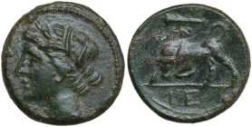 Sicily. Syracuse. Hieron II (274-215 BC). AE 18 mm. Obv. Head of Kore left, wearing wreath of grain. Rev. Bull butting left; above, club; in exergue, ...