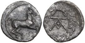 Sicily. Tauromenion. Campanian Mercenaries. AR Litra, c. 370-358 BC. Obv. Horse galloping right. Rev. Monogram within wreath. HGC 2 1605; SNG ANS 1233...