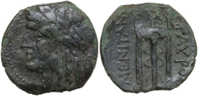 Sicily. Tauromenion. Roman Rule. AE 22 mm, after 216 BC. Obv. Head of Apollo left, laureate, bee to right. Rev. ΤΑΥΡΟΜ-ΕΝΙΤΑΝ. Tripod. HGC 2 1582; CNS...
