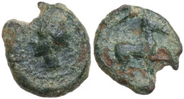 Punic Sicily. Uncertain mint. AE 9.5 mm, c. 350-330 BC. Obv. Head of Kore left. Rev. Horse galloping right. Lulliri pl. 23, 478; Alexandropoulos 2000,...