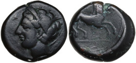Punic Sardinia. AE Unit, c. 375-350 BC. Obv. Wreathed head of Triptolemos left, wearing circular earring. Rev. Rearing horse right. Lulliri pl. 23, 44...