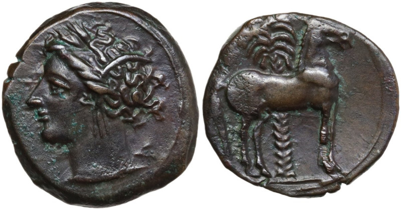 Punic Sardinia. AE 16.5 mm. c. 360-330 BC, uncertain mint. Obv. Wreathed head of...