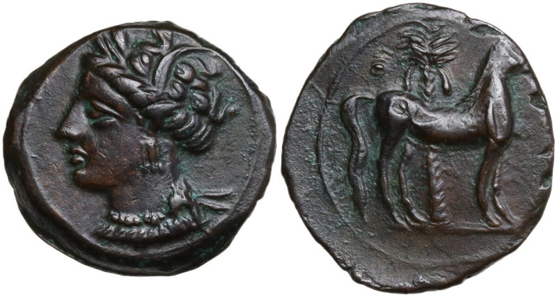 Punic Sardinia. AE 16.5 mm. c. 360-330 BC, uncertain mint. Obv. Wreathed head of...