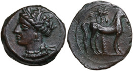 Punic Sardinia. AE 16.5 mm. c. 360-330 BC, uncertain mint. Obv. Wreathed head of Kore left, wearing triple-pendant earring. Rev. Horse standing right;...