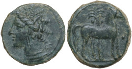 Punic Sardinia. AE 16 mm. c. 360-330 BC, uncertain mint. Obv. Wreathed head of Kore left. Rev. Horse standing right; in background, palm tree; pellet ...