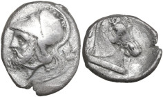 AR Didrachm, Neapolis mint, c. 310-300 BC. Obv. Helmeted head of bearded Mars left; behind oak-sprig. Rev. Horse's head right, on base inscribed [ROMA...